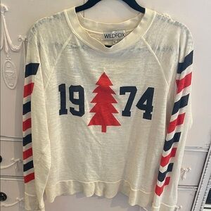 Wildfox Cream Sweater with Red Tree and Blue Stripes